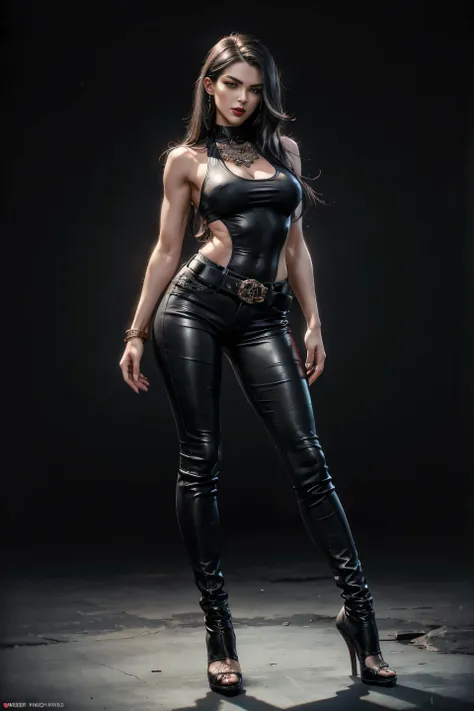 Full body shot a beautiful 25 years old British female vampire, long black hair, green eyes, red lips, muscular body, tight black sleeveless tank top with a deep neckline and black leather tight pants, mid-thigh black leather boots with bird heels view fro...