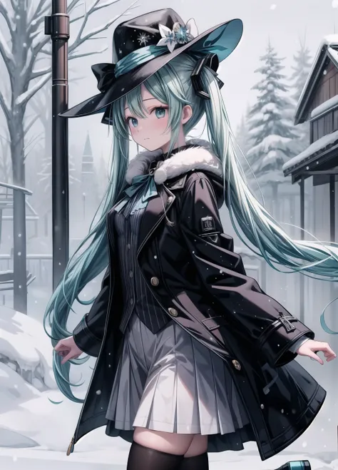 (masterpiece、Highest quality、Highest quality、Official Art、Beautiful and beautiful:1.2)、(One girl:1.3)Hatsune Miku、Twin tails,Beautiful breasts,North、snow、Maetel、Galaxy Express 999、Black Hat、Black coat