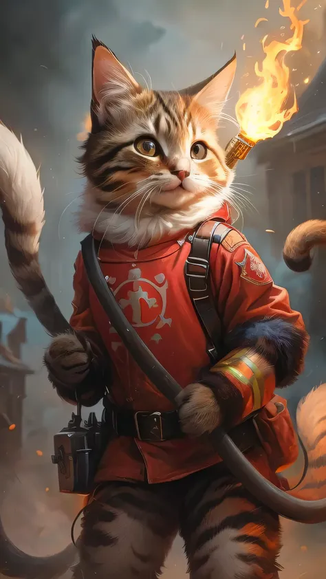 A painting of a cat dressed as a firefighter holding a fire hose, Furry fantasy art, Adorable digital painting, Vojtek Fuss, Surreal fantasy art, Graphic artist Magali Villeneuve, Cat Warrior, Surreal d & d Fantasy Art, By Alexander Kucharski, Igor Kierilu...