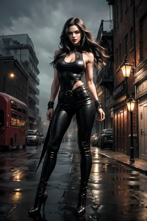 Full body shot a beautiful 25 years old British female vampire, long black hair, green eyes, red lips, muscular body, tight black sleeveless tank top with a deep neckline and black leather tight pants, mid-thigh black leather boots with bird heels view fro...