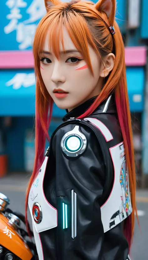 Realistic, asuna yuuki, ultra detail,master part, best qualityer, Confident cyberpunk girl, full body shot shot, ((Stand in front of the motorcycle)), Popular non-Harajuku style costumes, bold colors and patterns, Attractive accessories, modern and innovat...