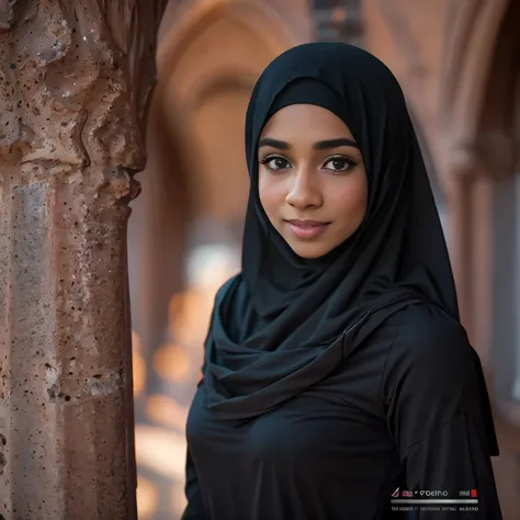 (Cute teen glamour model), gorgeous teen, ebony skinned arab, head and shoulders focus, youthful, young, teen, teenager, (looking at the camera), outdoor lighting, huge breasts, hijab, thin, skinny, dainty, delicate, no bra, black abaya dress