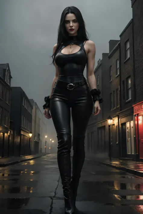 Full body shot a beautiful 25 years old British female vampire, long black hair, green eyes, red lips, muscular body, tight black sleeveless tank top with a deep neckline and black leather tight pants, mid-thigh black leather boots with bird heels view fro...