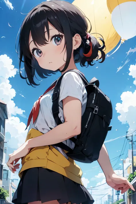 Anime-style  from a Low Perspective
((masuter piece,Best Quality,Ultra-detailed)), ((Lower Angle)),1  in, big eyes, Sunken cheeks, School backpack, colorful clothes, playful expression, cartoonish design, shallow perspective, minimalistic yet expressive st...