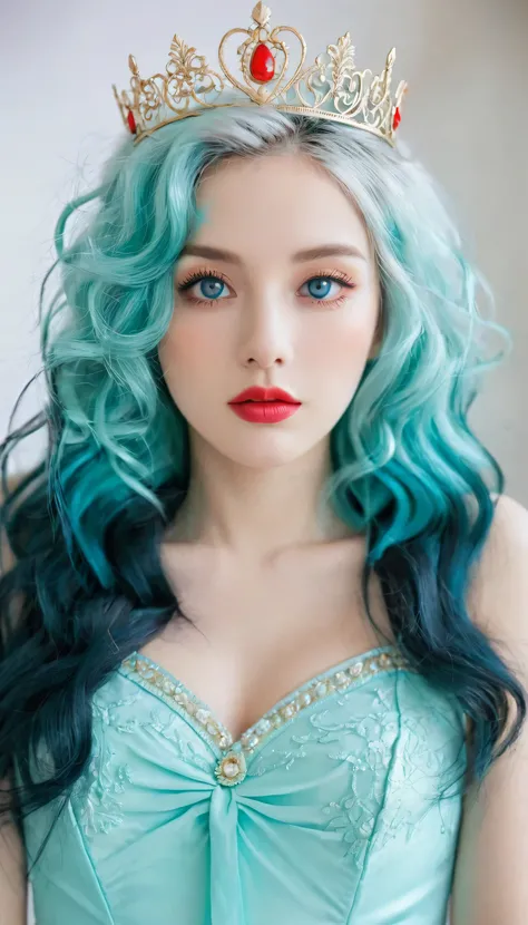 Light blue hair, turquoise eyes, long eyelashes, big red lips, apricot eyes, beauty, girly, curly hair, princess