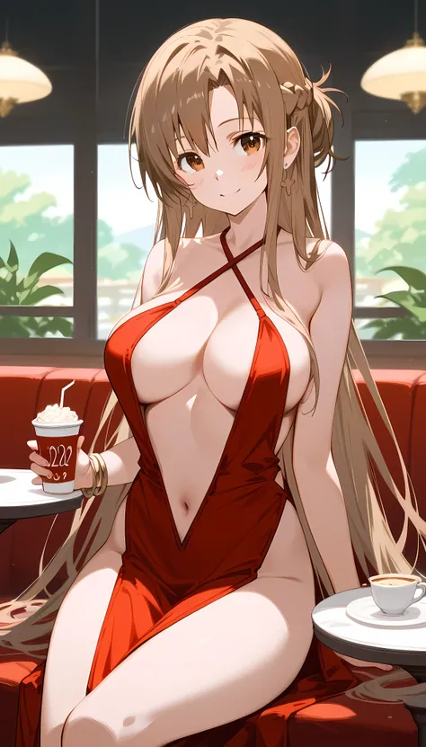 score_9,score_8_up,score_7_up,18 year old,1girl,asuna (sao-alo), sword art online,yuuki asuna,solo, brown eyes, brown hair, long hair, bangs, braid,sitting, holding cup,seductive-smile,blush,large breasts,brown hair,parted hair,long hair,red dress,halter d...