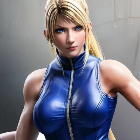 Sarah, blue eyes, very long hair, (shiny skin:0.6), blonde hair, high ponytail, floating hair, bodysuit, Shoulders exposed, (arms exposed:1.2), ((medium breasts:1.3)), (sweat:1.0), (extra textures:1.4), (pushed up breasts:0.4), (curvy figure:0.3), (wide fa...