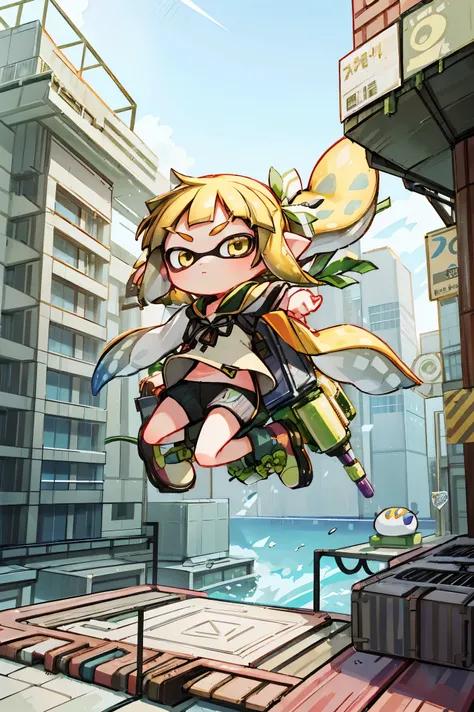 (masterpiece、Highest quality、High resolution、Official Art:1.2)、Real Anime、3d、Chibi、Look at the viewers、Golden Eyes、(Chiquita，With the Splatoon girl))、（Parkour Wear，Prism Gradient Tentacle Hair）（leaping from a building! ︎）（Showing off parkour! ︎），Mysterious...