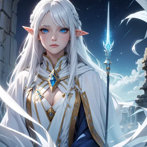 A female elf with white hair, blue eyes, beauty face, white skin. Wearing expensive cloak and ancient wand. Her hair cover one of her eyes and sleepy eyes.