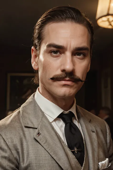 Scottish grandfather slicked back, with bushy eyebrows, amber eyes, with freckles on the cheeks, with mustache and elegant dress in Victorian times 