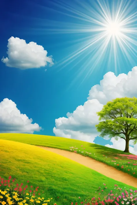 Cartoon Style,Natural shadows,Highest detail,Detailed background,3D Rendering，grassland，Blue sky and white clouds，Colorful flowers，The foreground has flower features，There is a big tree on the edge