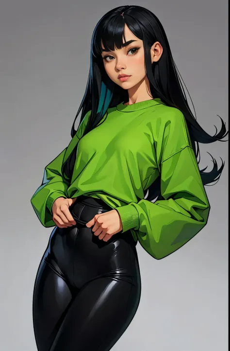 girl, hot, portrait, small breasts, thin, long black hair, big bangs, Asian, Numbuh 3 knd, warm, soft or colored lips, big green sweatshirt, black leggings, simple background, plain colors, perfect hands, perfect anatomy