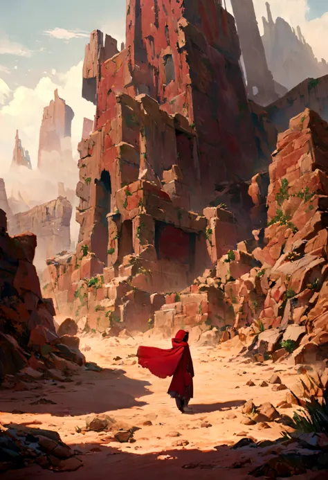 In a world after civilization has collapsed、A row of weathered ruins.,Standing there,Red long dress, tight Red Hood, A lot of red clothes are flying in the air, desert sand, high quality, 8K