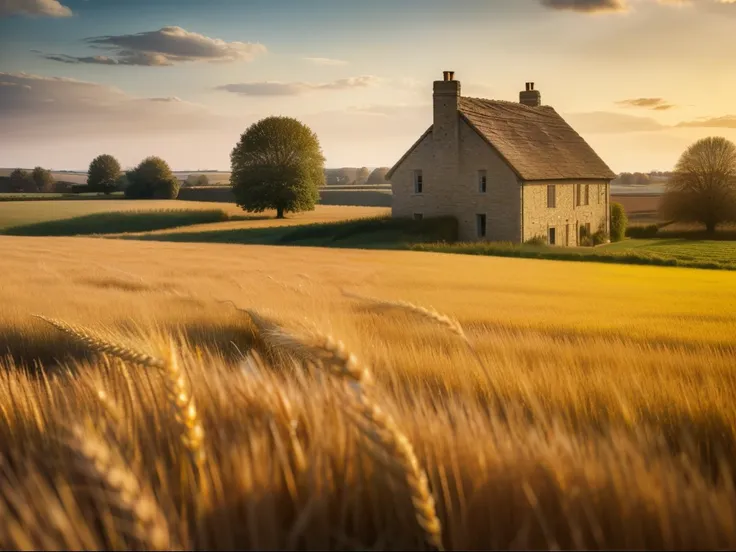 A field of golden wheat, swaying in the gentle breeze, sunlight dappling the landscape, a rural stone house in back, detailed close-up photography, realistic, photorealistic, 8k, HDR, ultra-detailed, sharp focus, physically-based rendering, professional, v...