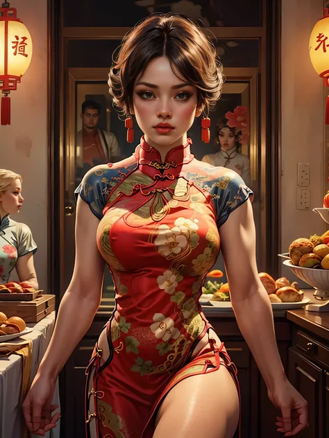 Half-length portrait:1.3,Wearing(Tight cheongsam:1.7)Beautiful woman,Ideal proportions,Full breasts,Slim waist,Plump buttocks,White skin,Surrounded by accessories,In a crowded Chinese restaurant,(Best quality,4K,8K,high resolution,masterpiece:1.2),Ultra De...