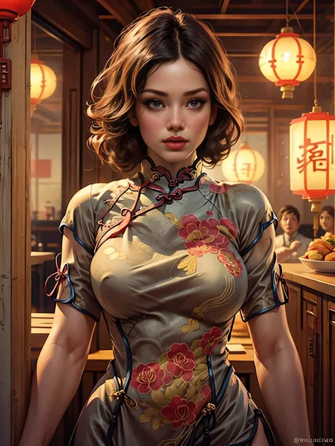 Half-length portrait:1.3,Wearing(Tight cheongsam:1.7)Beautiful woman,Ideal proportions,Full breasts,Slim waist,Plump buttocks,White skin,Surrounded by accessories,In a crowded Chinese restaurant,(Best quality,4K,8K,high resolution,masterpiece:1.2),Ultra De...