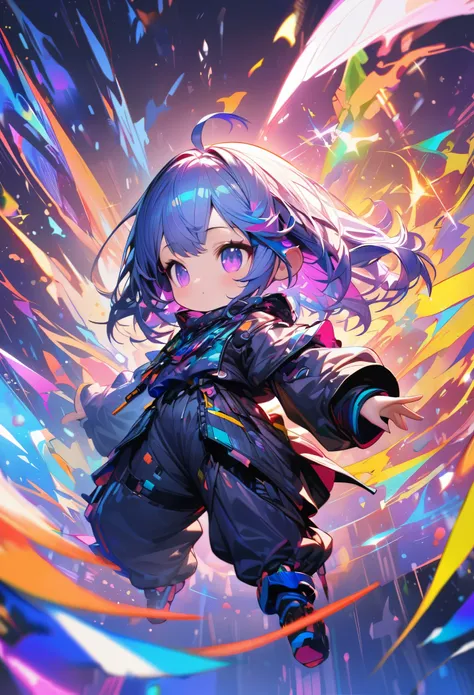 best quality, incredibly absurdres, extremely detailed, 2.5D, delicate and dynamic, chibi, cute girl, wearing baggy clothes, sparkly and vivid color effects, background another dimension