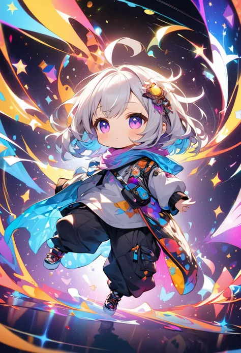 best quality, incredibly absurdres, extremely detailed, 2.5D, delicate and dynamic, chibi, cute girl, wearing baggy clothes, baggy pants, sparkly and vivid color effects, background another dimension