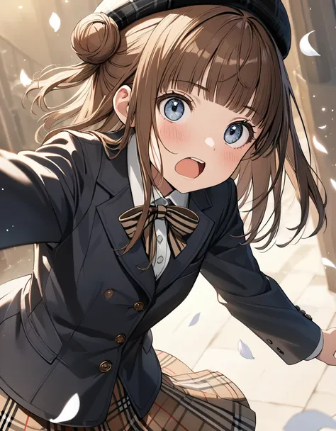 (8K, best quality, master piece: 1.2), super high resolution,1girl,16yo,ultra-detailed face, detailed eyes,Brown Hair,blunt bangs,Shiny Hair,double hair buns,(burberry checked tailored jacket),BREAK,White petal collar shirt,LACK,(burberry check beret),(col...