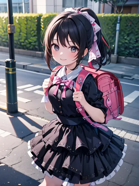 masterpiece, hd, realistic, black hair, asian girl, 17 y.o, high school girl, 1girl wearing a pink idol dress (idol dress) layer...