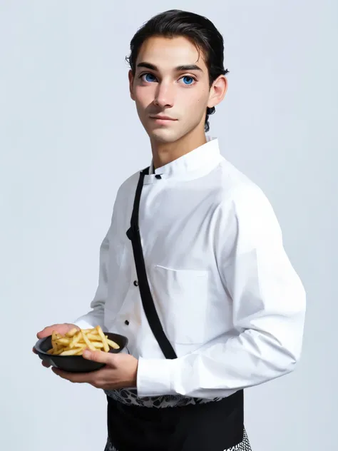 arafed man in a white shirt and black tie holding a plate of food, serving fries, with fries, white waist apron and undershirt, wearing an apron, inspired by Matteo Pérez, wearing rr diner uniform, inspired by François Bocion, cook, starving artist wearing...