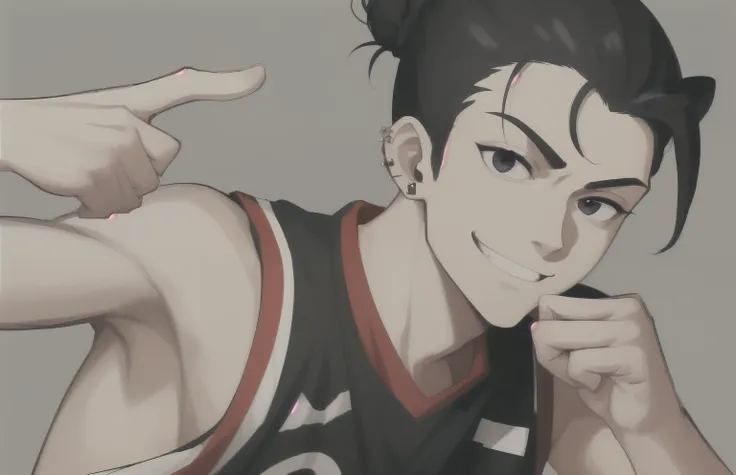 ((masterpiece)), (((best quality))), (super detail) expressive eyes, perfect face, (1man), man, lazy eye, man are cool, smirk smile, normal skin, wearing basketball uniform, black eyes, Triple Lobe Piercing, man bun black hair, hand raised and extended, ar...