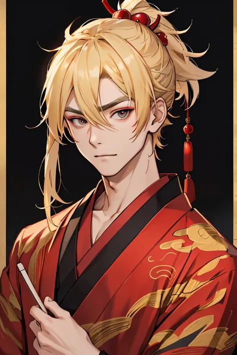 Draw the face of a young blond man, with red kimono,  with Chinese dragon makeup on her face, black photo background.