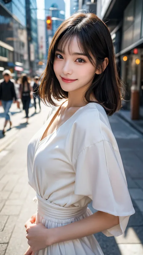 1 female,18 year old,smile:1.3,(BLACK  eyes:1.3),((8K,masterpiece,Perfect Anatomy)),Cowboy Shot,(Beautiful and exquisite face and eyes,gorgeous eyes:1.3) ,Black Hair:1.3,bangs,smile,blush,Small breasts,Tokyo street、((Background blur)),((グレーのワンピース:1.3))、ロング...