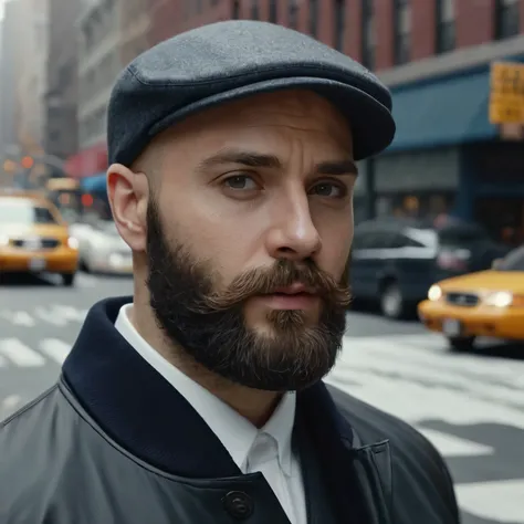 30 year old man. Ultra realistic. 4k. Bald. Bearded. Driving cap. Well dressed. Streets of new York. Head and shoulders.