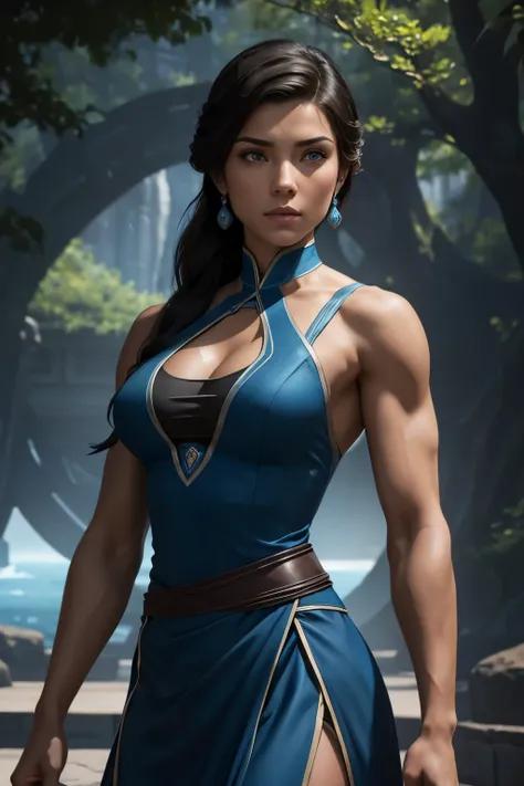 Masterpiece, 8k
A , muscular , avatar korra, she has a sharp face, her hair is long and down ,in a long blue dress, background is a gala