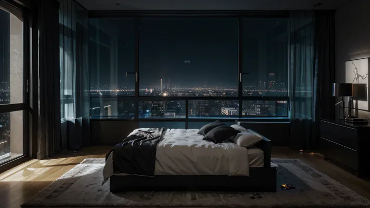 Arav bedroom with a large bed，City view, Cyberpunk bedroom at night, personal room background, Overlooking the modern city, Night rendering, Snow scene outside the floor-to-ceiling glass window, modern nocturnal background, Dark bedroom, Luxury Apartment, ...