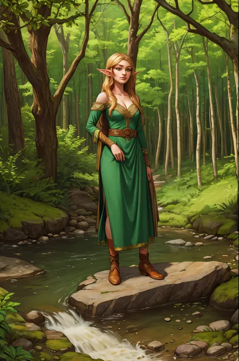 rubenesque elf, standing in a forest glade, small brook, woman