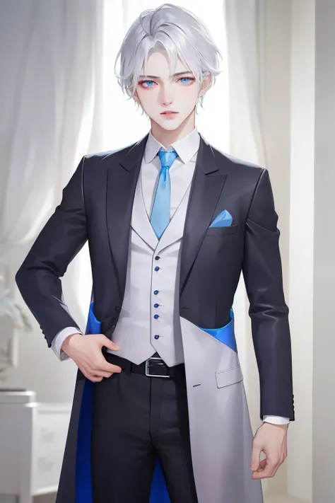 Boy, silver hair, blue eyes, serious sharp features, white skin, shiny lips, handsome, formal suit