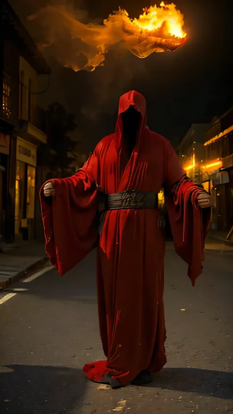 High quality, 8K, realistic, fire ghost, fire all over town, red robe