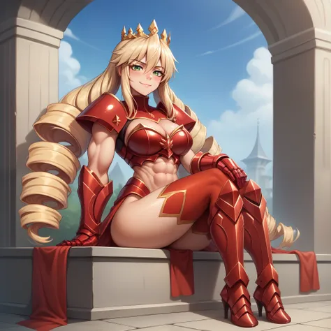 Lancer Artoria, elegant adult female, blonde, green eyes (yellow eyelashes) crown, turtleneck, full body sitting on a bench, showing ass to me, RED breastplate, RED skin (1SologirlRED skin:1.2), looking at viewer, shiny, armor, thigh highs, high boots, pau...