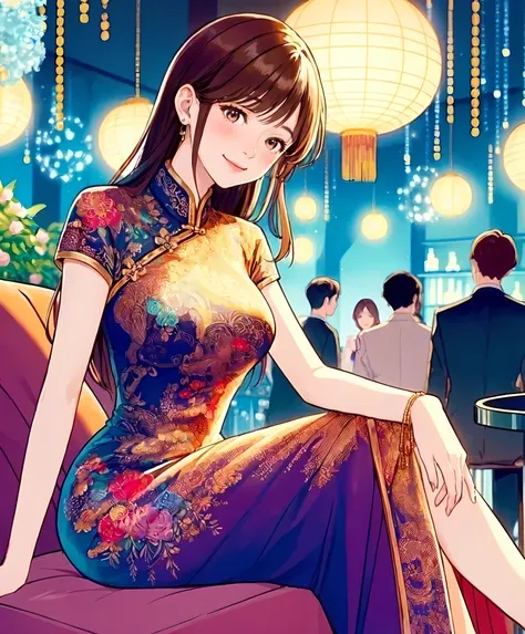 1lady solo, sitting, (elegant cheongsam) stylish floral, long hem, (mature female:0.8), /(reddish-brown hair/) bangs, blush kind smile, (masterpiece best quality:1.2) delicate illustration ultra-detailed, large breasts BREAK (luxury  venue) indoors, detail...