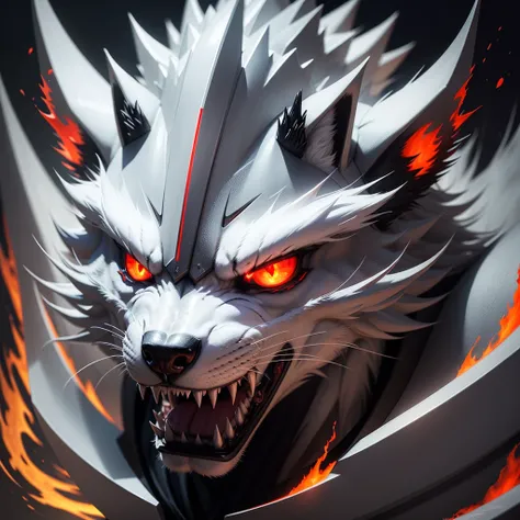 "Silver white wolf with burning red eyes, fierce expression, sleek fur, realistic texture, sharp features, glowing eyes, digital art, logo design, high detail, dramatic lighting"