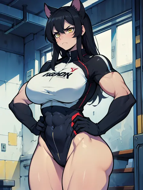 thick thighs wide hips muscular toned body massive breasts athletic girl black hair yellow eyes pale skin massive hair sad frown disappointed pussycat