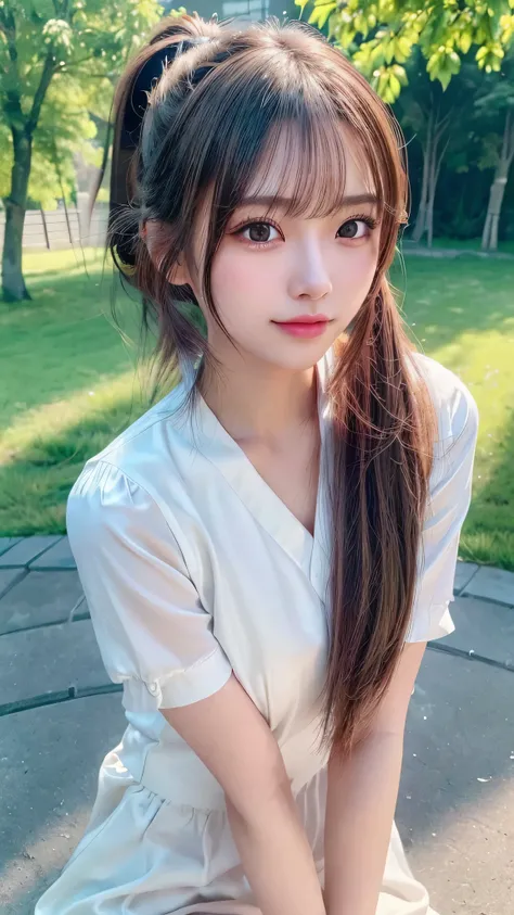 One piece with collar,outdoors,Urban Park,On the lawn,Ultra-detailed, finely detail, hight resolution, 8K Wallpaper, Perfect dynamic composition, Beautiful detailed eyes,Outdoor,Close-up of face,Outdoor,Blushing,Facing forward,,Long hair ponytail,((8k, Raw...