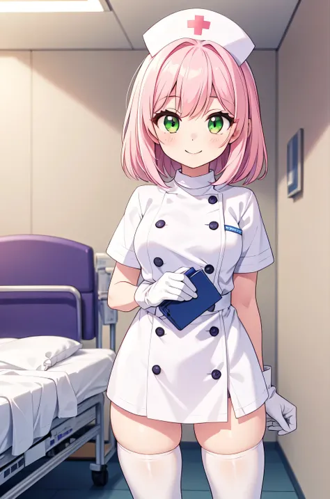 1girl, solo, nurse, white nurse cap, white nurse uniform, ((white legwear, zettai ryouiki)), white gloves, pink hair, green eyes, drooping eyes, smile, standing, ((hospital room)), sharp outline, short sleeves, best quality, masterpiece