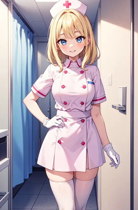 1woman, solo, nurse, white nurse cap, white nurse uniform, ((white legwear, zettai ryouiki)), white gloves, blonde hair, blue eyes, pink lips, smile, standing, ((hospital room)), sharp outline, short sleeves, mature female, 35 years old, best quality, mast...