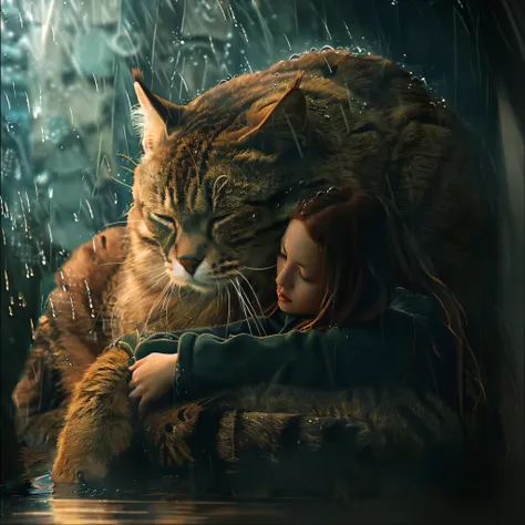 there is a Cat that is sitting on a womans lap, 美丽的number艺术work, Realistic fantasy illustrations, 华丽的number艺术, Cat. number, 美丽的number艺术, 令人惊叹的number艺术, Great photos, Stunning digital illustrations, very 美丽的number艺术, Emotional pictures, 令人惊叹的number艺术, Reali...