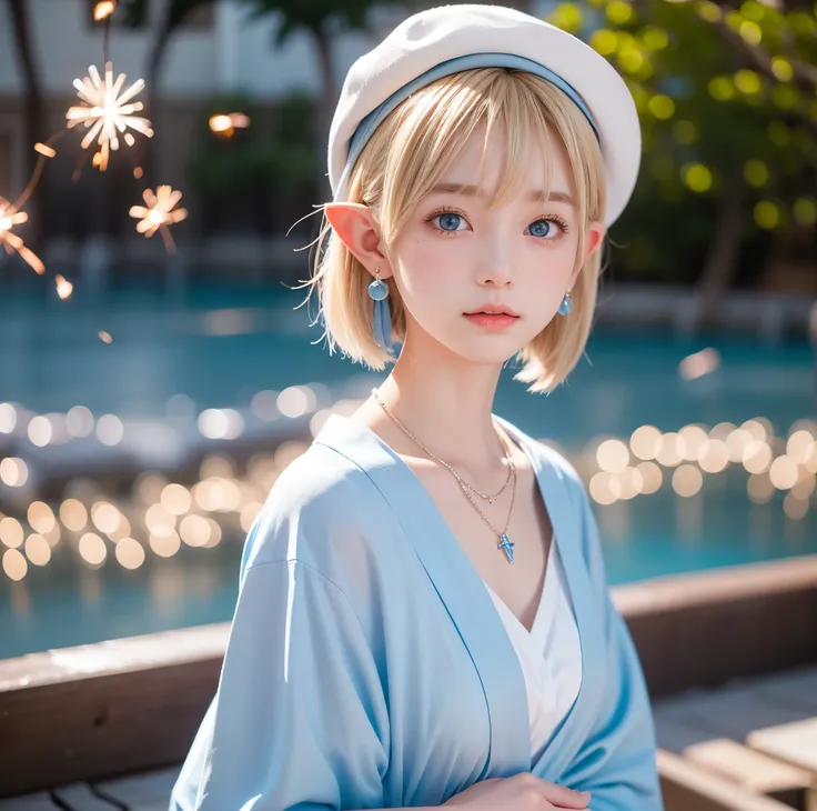 Portrait of a blonde girl in a white hat and a blue shirt , earrings, necklace , extra short hair, sidelocks-hair、Pointy ears like an elf、Upper Body.16 years old、The color of her eyes is a clear light blue、yukata、Fireworks display