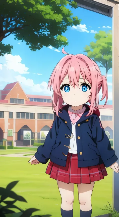 primary baby school , pink hair, blue eyes, wears a red skirt and rabbit coat.