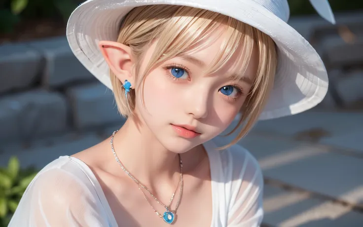 Portrait of a blonde girl in a white hat and a blue shirt , earrings, necklace , extra short hair, sidelocks-hair、Pointy ears like an elf、Upper Body.16 years old、The color of her eyes is a clear light blue、dusk