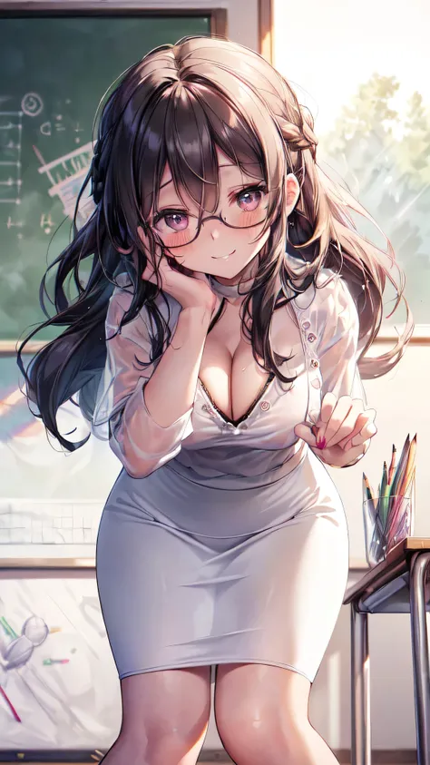 (Ultra-high resolution of the highest quality, masutepiece, Best Quality, 8K, Super Detail, Best Quality:1.3), (Anatomically correct:1.2), (1 elementary school female teacher:1.6), (large breasts:1.1), (drooping eyes:1.3), (blush cheek, blush body:1.3), (w...