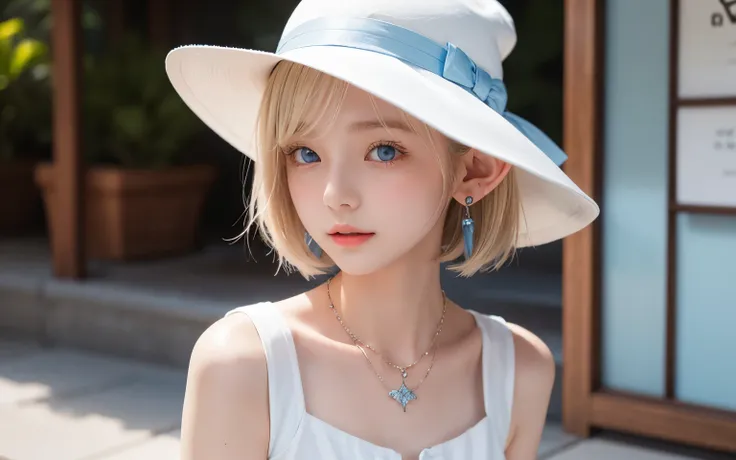 Portrait of a blonde girl in a white hat and a blue shirt , earrings, necklace , extra short hair, sidelocks-hair、Pointy ears like an elf、Upper Body.16 years old、The color of her eyes is a clear light blue、、カフェテラス