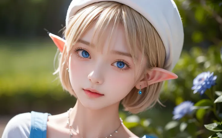 Portrait of a blonde girl in a white hat and a blue shirt , earrings, necklace , extra short hair, sidelocks-hair、Pointy ears like an elf、Upper Body.16 years old、The color of her eyes is a clear light blue、dusk