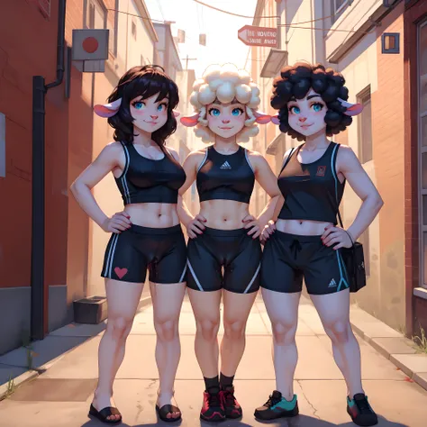 sheep, 2 girls, pussy, pubic hair, showing breasts, sports bra, bottomless, smirk, looking at the viewer, on the street, pussy juice, hands on hips