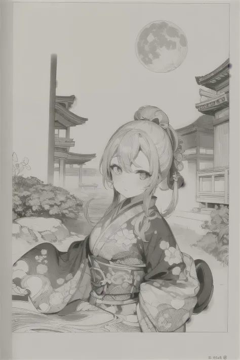 best quality, masterpiece, photo, 4K, photorealistic, highly detailed, huge moon in the background, black and white, closeup, Create a realistic ukiyo-e illustration of a cute girl in a kimono that conveys Japanese culture in various poses with a Japanese ...